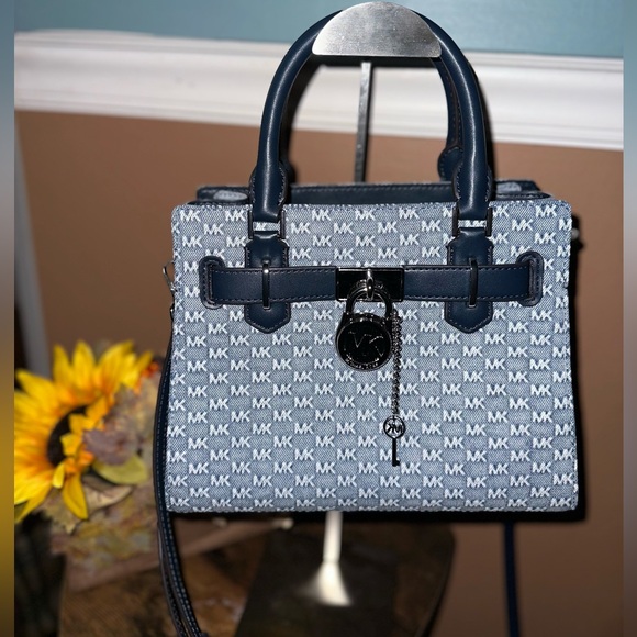 Michael Kors Hamilton Small Logo Embossed Washed Denim Satchel - Picture 2 of 10